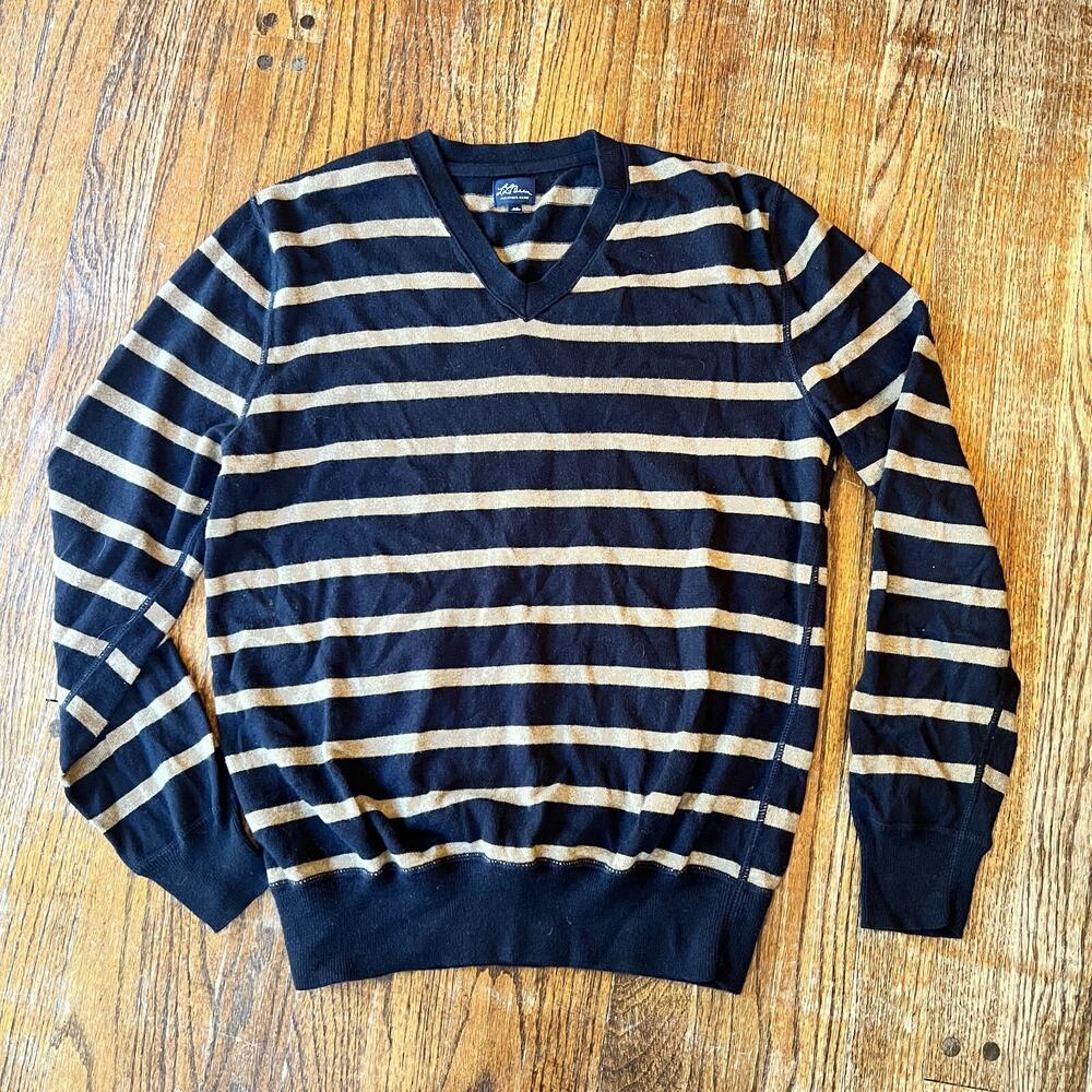LLBean mens medium navy blue brown striped cashmere blend vneck sweater pullover